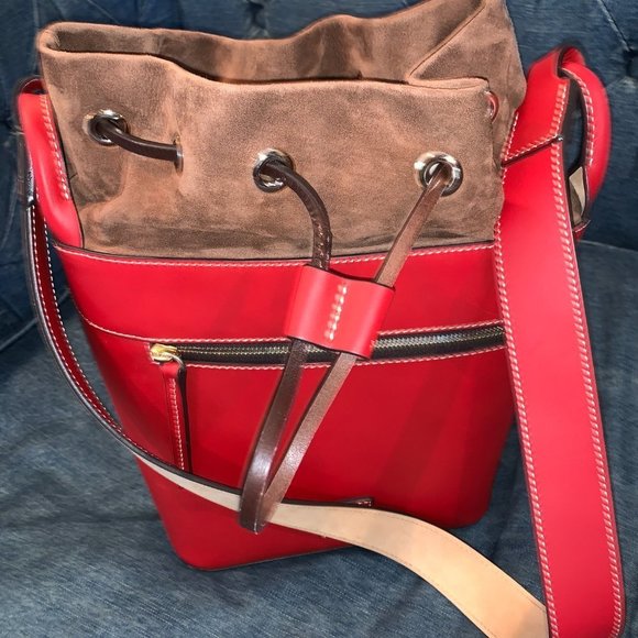 Dooney & Bourke Large Beacon Saffiano red bucket drawstring bag - Picture 8 of 15